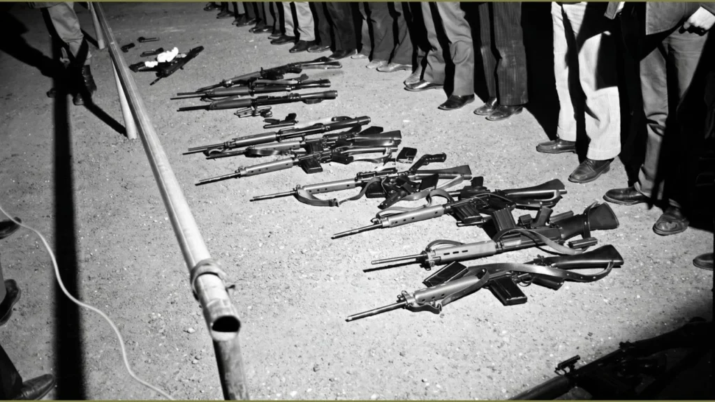 En la puerta del aeropuerto se concreta la entrega de las armas a la Marina, desconociendo lo acordado, minutos después esta fuerza militar se traslada e incomunica a los detenidos en la base Almirante Zar. 15 de Agosto de 1972. Provincia del Chubut.