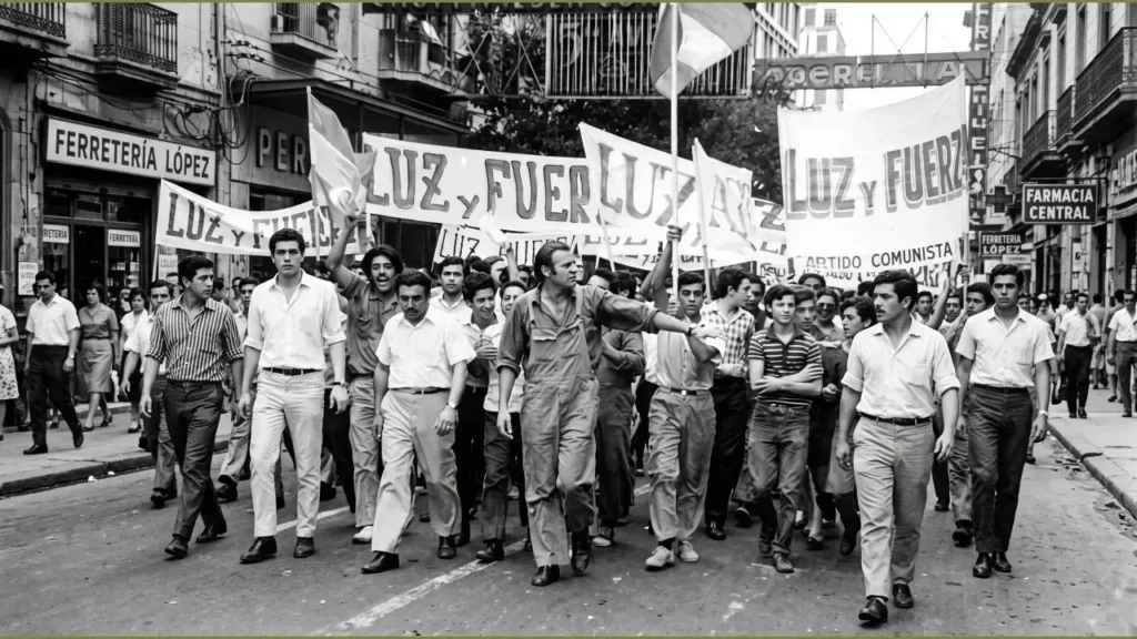 Agustín Toco al frente de su columna del Sindicato de Luz y Fuerza durante el Cordobazo.