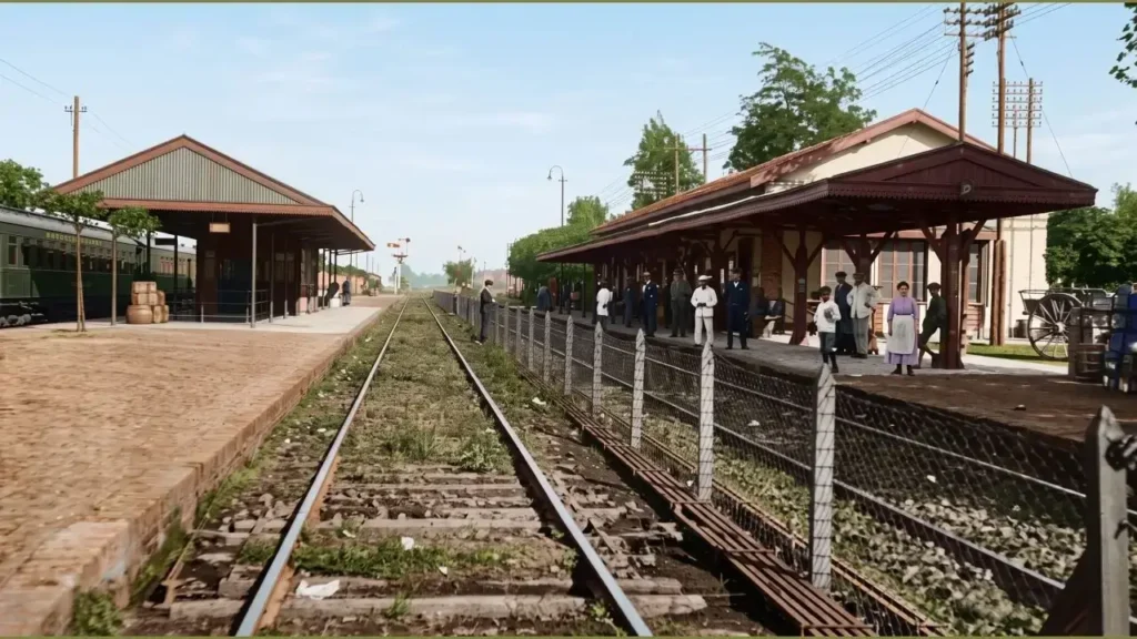 La foto en coloreada por IA para apreciarla mejor. Así fue la primera Estación de Haedo, y sigue siendo hermosa con su pasaje La Porteña y los andenes bajos del lado Sur.
