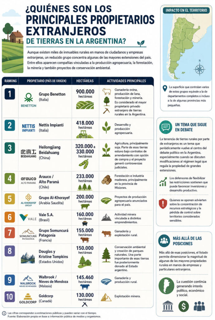 Infografía sobre las dueños extranjeros de tierras en Argentina