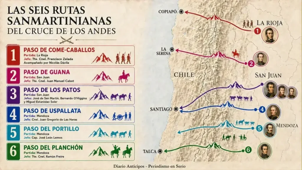 Los seis cruces simultáneos del Ejército de los Andes del General José de San Martin.