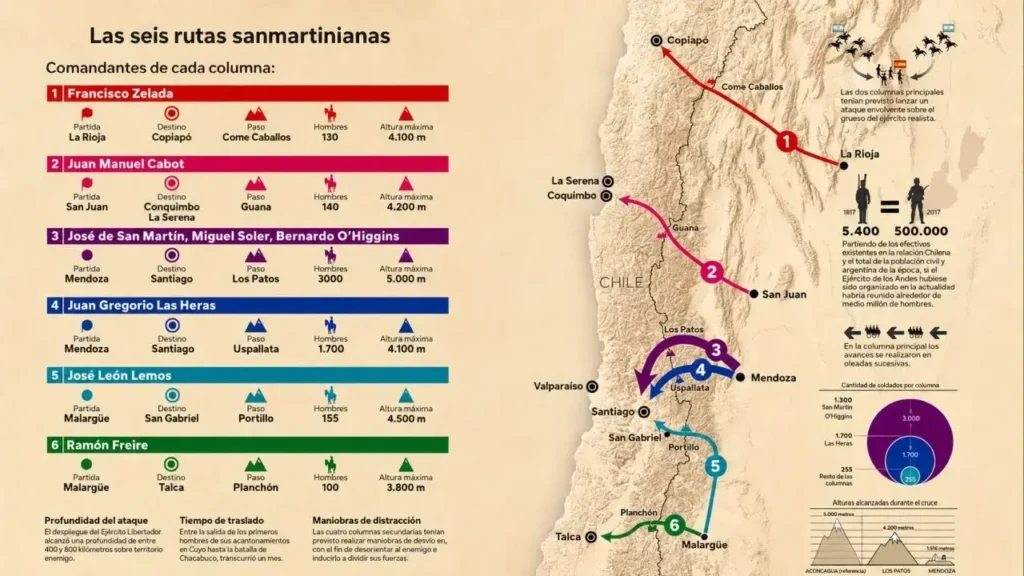 Las seis rutas del Ejercito de San Martín sobre los Andes.