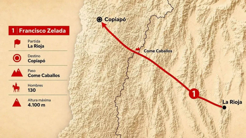 La expedición Come-Caballos o Ruta Francisco Zelada. Salio de La Rioja a Copiapo, Chile.