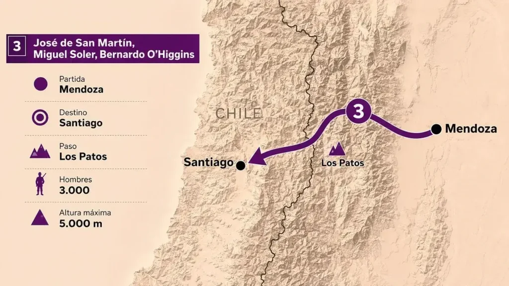 El paso de los Patos bajo el mando de José de San Martín, acompañado por oficiales como Miguel Estanislao Soler y Bernardo O’Higgins. Fue una de las dos columnas principales de la operación.