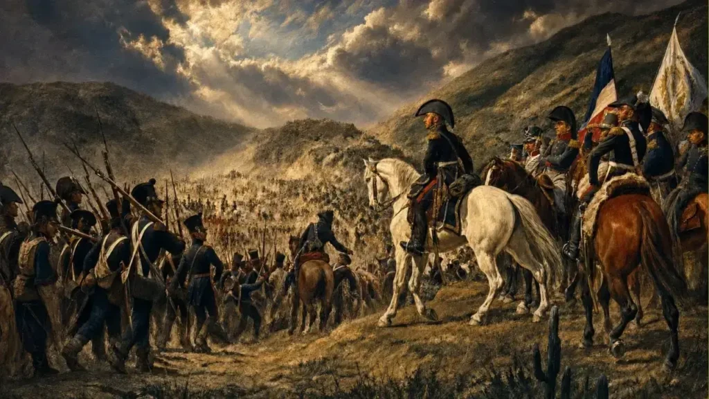San Martín observa los acontecimientos de la batalla de Chacabuco y ordena sus tropas. La victoria del Ejército de los Andes le dio la independencia a Chile.