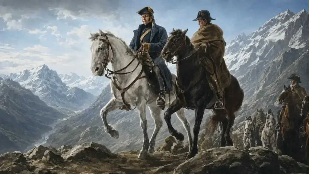 El General José de San Martín, acompañado por oficiales como Bernardo O’Higgins por el Paso de Los Patos.