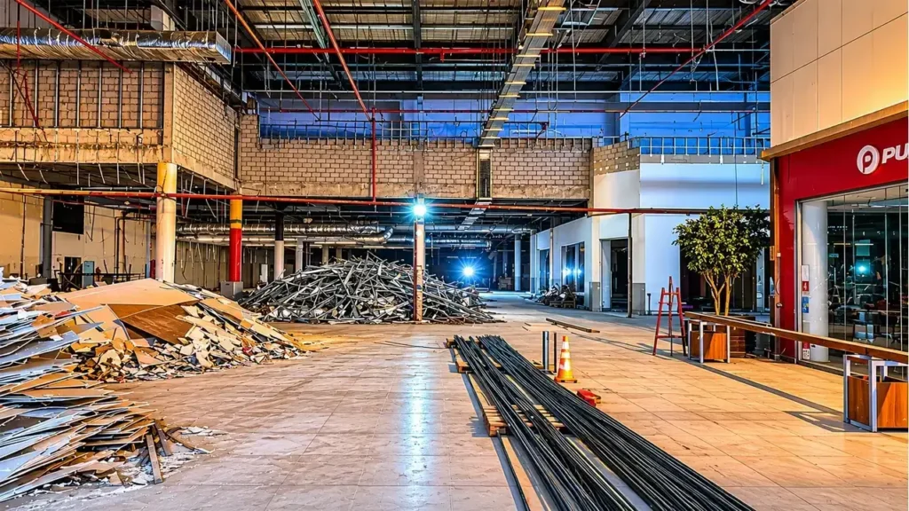 Obras de remodelación en el interior del Al Oeste Shopping: retiro de estructuras, acopio de materiales y adecuación de los locales comerciales.