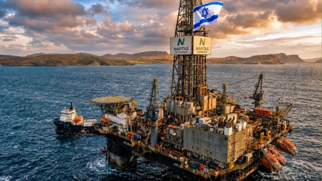 Una plataforma de Navitas Petrolum en el Océano extrayendo recursos naturales.