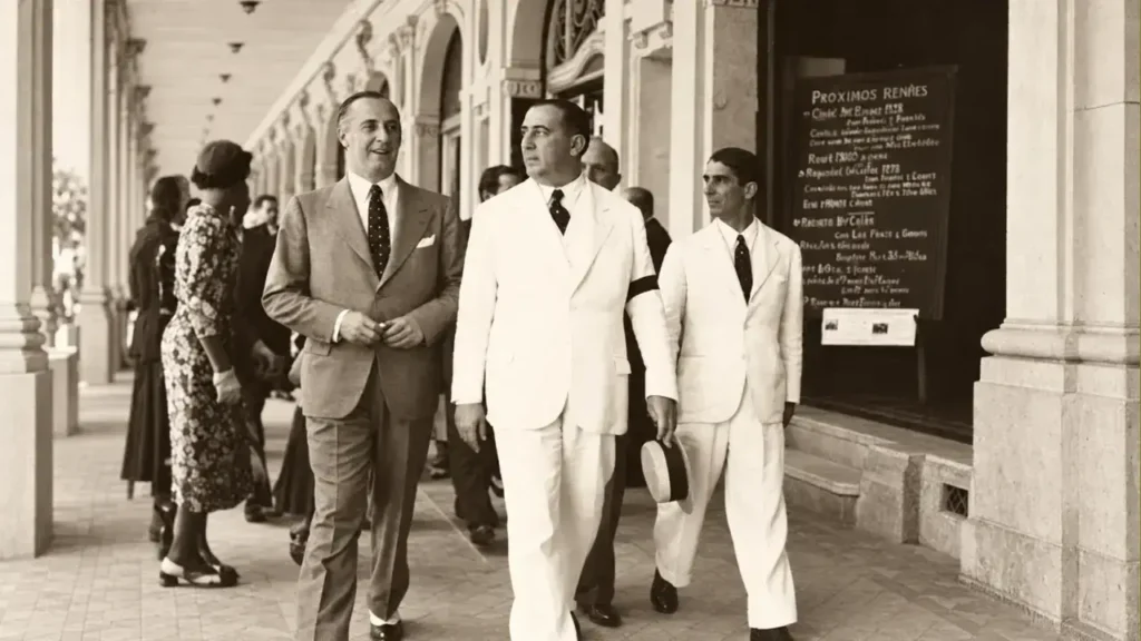 Manuel Fresco de traje blanco cruzado con brazalete de luto y corbata oscura. Camina por la galería cubierta de la antigua Rambla Bristol (conocida popularmente también como la Rambla Francesa) en Mar del Plata, hacia 1936. Detrás, sobre la pared de locales comerciales, se observa una pizarra con anuncios de «Próximos remates». Pocos años después, bajo su propio mandato provincial, se demolería esta estructura para dar inicio a las obras del actual complejo del Casino y el Gran Hotel Provincial diseñado por Alejandro Bustillo.