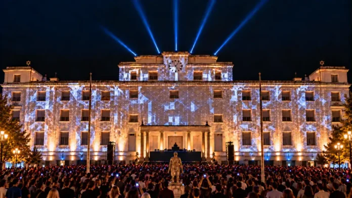 Una imagen digitalizada (no es real) sobre cómo quedará la Plaza San Martín y el Palacio Municipal a la hora del show.