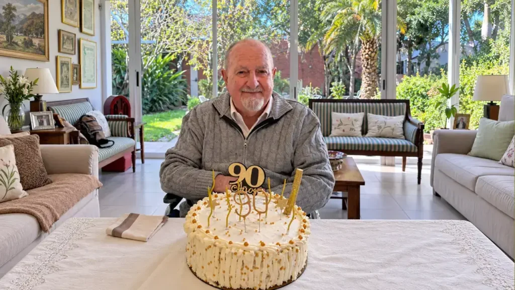 Juancho feliz con sus noventa años de caminar y combinar familia, trabajo, negocios y militancia política. Un crack.