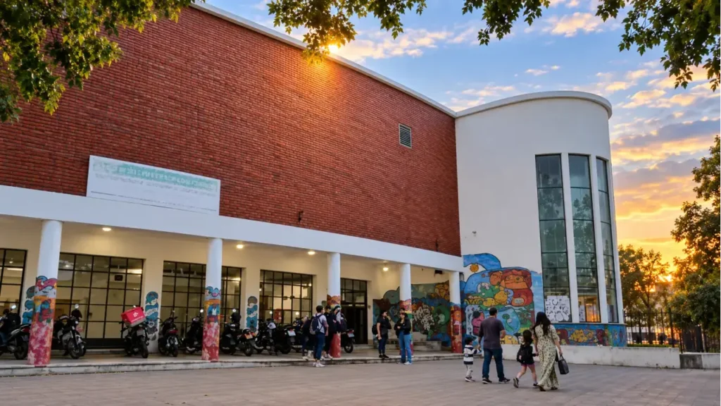 Vista exterior del edificio educativo y su galería principal al atardecer, con familias y alumnos en el patio.