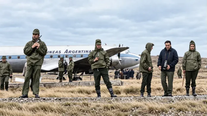 El aterrizaje en Malvinas, bastante duro y complicado, y los militantes peronistas alrededor del avión armas en mano. Una foto que hizo historia.