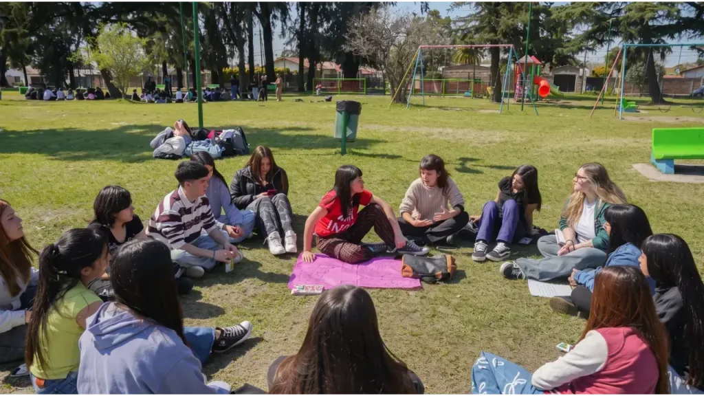 Jóvenes de distintas escuelas secundarias participan en talleres y debates al aire libre durante el Encuentro Anual de Centros de Estudiantes.