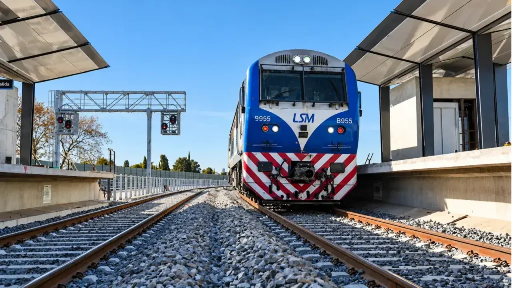 Locomotora china CSR SDD7 detenida en las vías renovadas de una parada con andenes modernos y sistema de señalamiento luminoso.