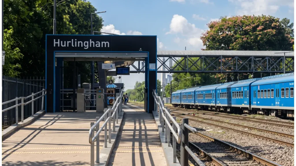 Rampa y molinetes de acceso a la estación Hurlingham, con una formación circulando a un costado de la pasarela peatonal.