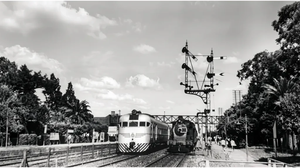 Postal histórica que retrata el cruce y convivencia de tracción a vapor junto a formaciones diésel en el sistema ferroviario del siglo XX.