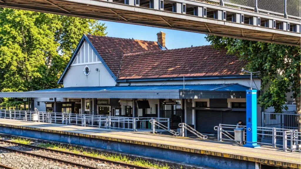 Vista del andén de la estación El Palomar de la Línea San Martín, con su arquitectura tradicional y el tótem de recarga SUBE en primer plano.