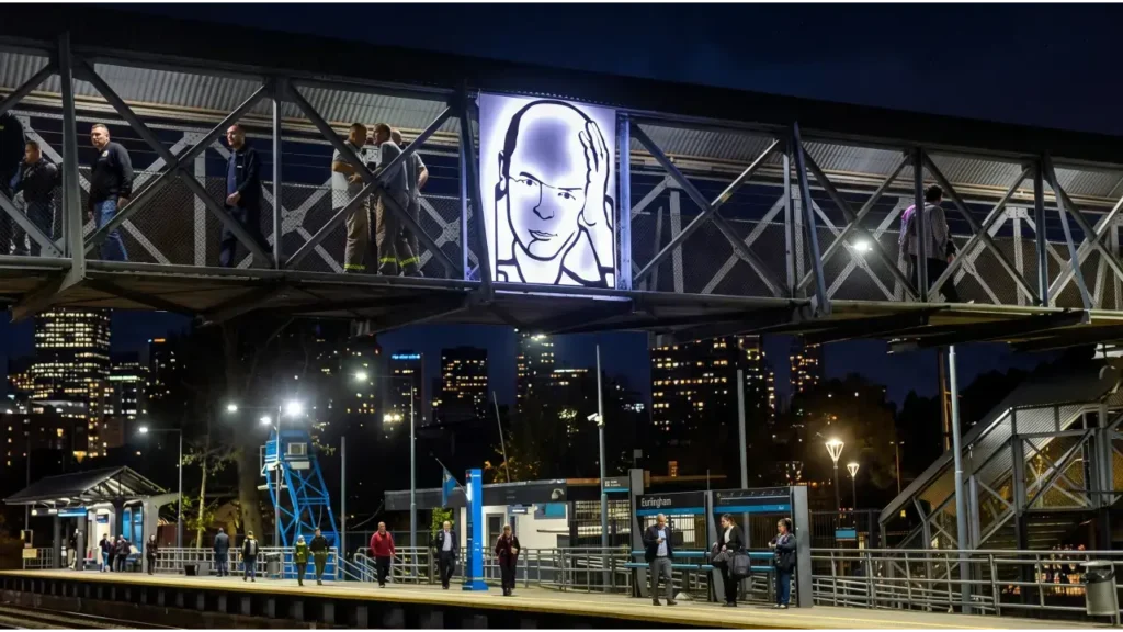 Vista nocturna de la estación Hurlingham de la Línea San Martín, intervenida con el mural homenaje al músico Luca Prodan sobre el puente peatonal.