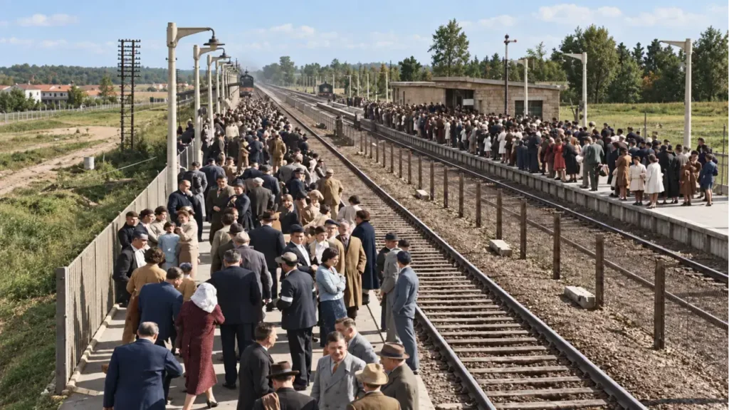 Versión restaurada y coloreada de la fotografía de época, mostrando el flujo masivo de pasajeros y la llegada del tren a vapor a la estación William Morris.