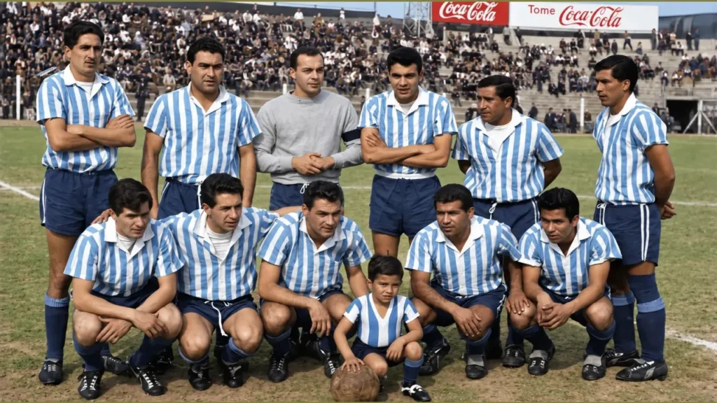 Otras de las formaciones de Racingo de Córdoba con la rradicional camiseta con escote en V.