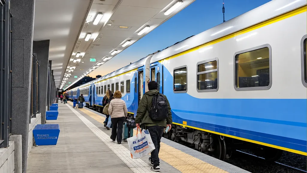 Andén de trenes de larga distancia. Pasajeros abordando los coches de larga distancia de Trenes Argentinos en la Terminal Ferroautomotora de Mar del Plata.