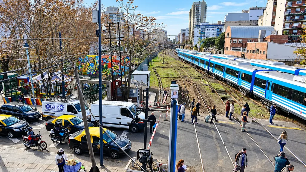 Cruce peatonal y vehicular de estación Morón. Vista panorámica del paso a nivel de Morón, uno de los puntos neurálgicos con mayor tránsito vehicular y flujo de pasajeros de la traza oeste.