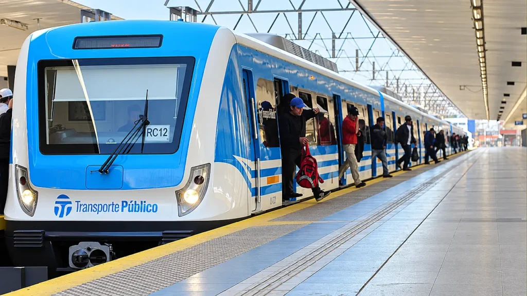 Formación RC 12 en andén cabecera. Ascenso y descenso de pasajeros en la terminal de Once, cabecera central del servicio eléctrico que une la Capital Federal con Moreno.