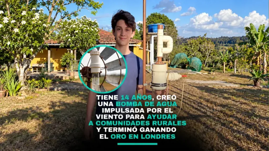 Lucas y su inventó: la bomba de extracción de agua a energía eólica.