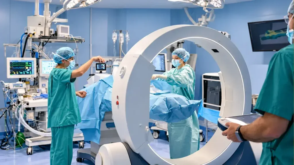 El equipo posiciona un tomógrafo móvil (tipo O-arm) sobre el paciente para obtener imágenes tridimensionales de alta resolución en tiempo real, logrando verificar la anatomía exacta antes del abordaje y confirmar que el instrumental esté milimétricamente alineado sin recurrir a una apertura ósea convencional.