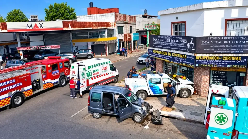 Dos ambulancias y los Bomberos Voluntarios de Morón tuvieron que ayudar luego del impacto.