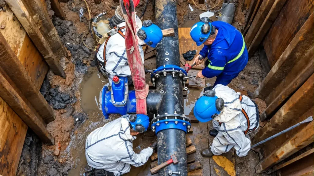 Trabajadores de AySA extendiendo la red de agua potable. Los pliegos de privatización no aclaran cuántos quedarán en la empresa. 