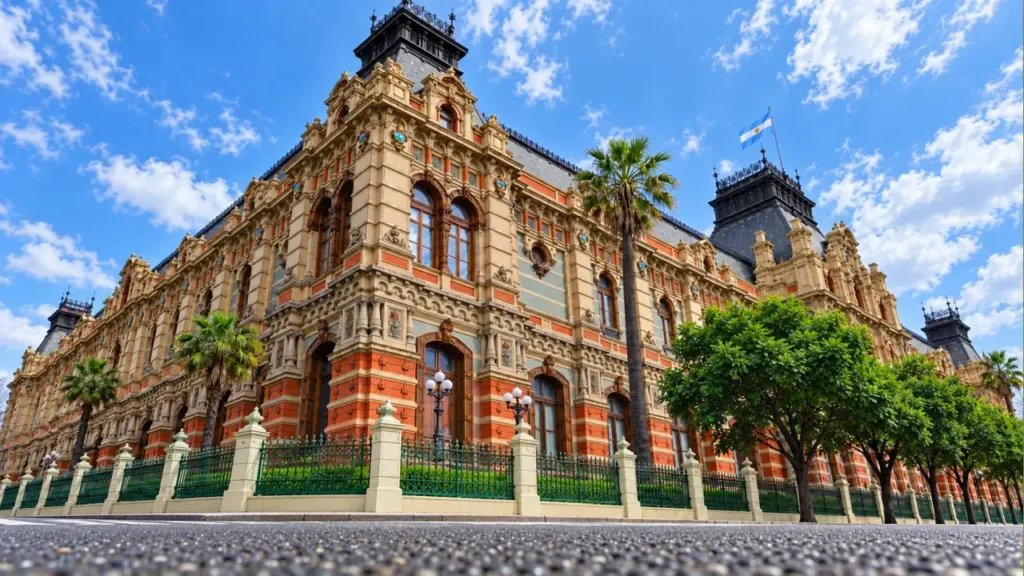 La imagen muestra el Palacio de las Aguas Corrientes, ubicado en la avenida Córdoba 1950, en Buenos Aires. Construido entre 1887 y 1894, fue parte del plan de saneamiento de la ciudad: detrás de su fachada ornamental alojó doce tanques que podían almacenar 72 millones de litros de agua potable. Dejó de funcionar como depósito en 1978 y, en 1989, fue declarado Monumento Histórico Nacional. Hoy conserva su valor patrimonial y alberga un museo y una biblioteca dedicados a la historia del agua y el saneamiento.