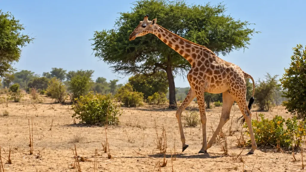 La jirafa integra la fauna que protege Pendjari, una reserva del norte de Benín conectada con áreas silvestres de países vecinos.