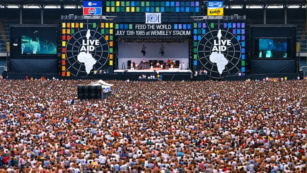 El escenario de Live Aid, frente a miles de asistentes, durante el festival solidario de 1985.