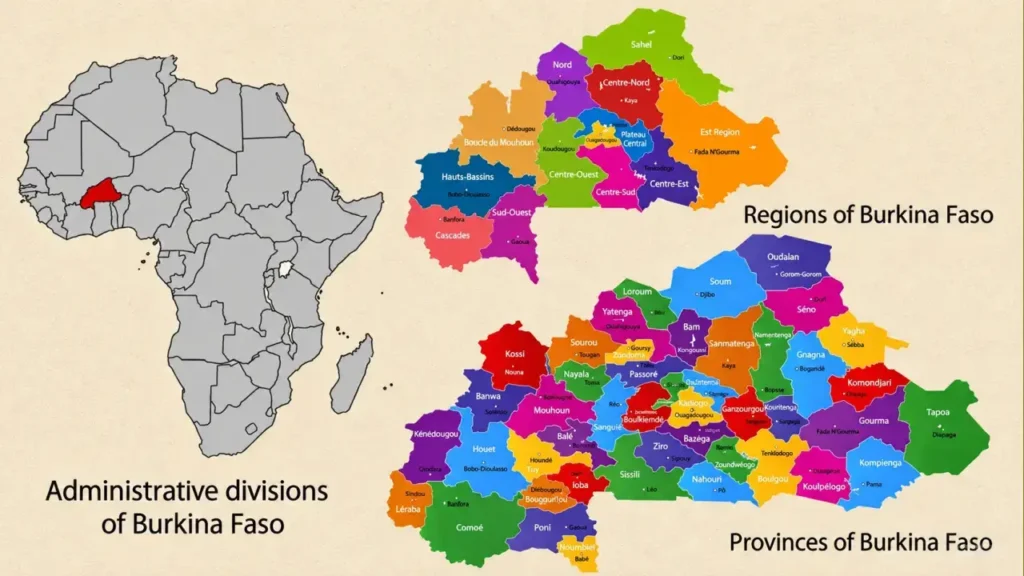 Burkina Faso dentro de Africa y como se compone por municipios.