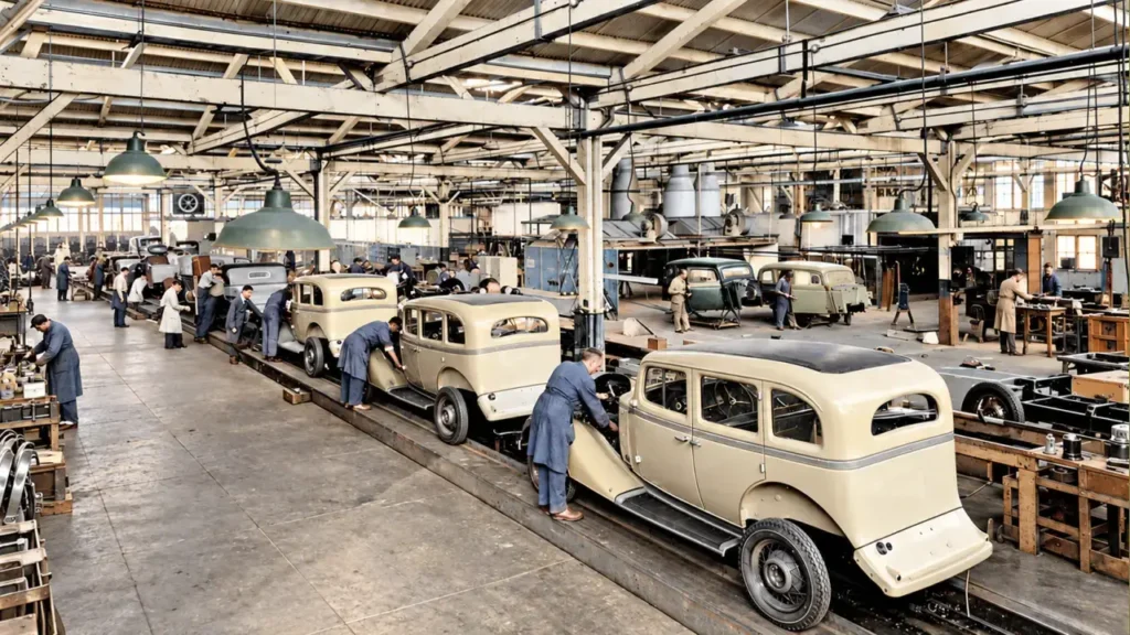 Cadena de montaje en color de época que funcionaba Chrysler a pleno.