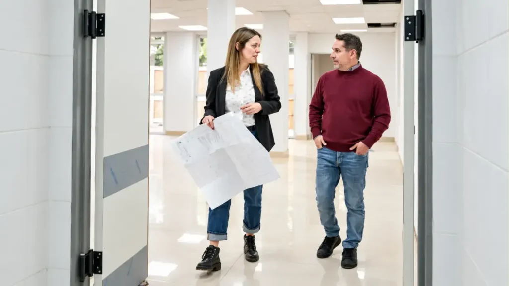 El intedente Pablo Descalzo con los profesionales que llevan adelante la remodelación del viejo Hspitalita de la avenida Brandsen.