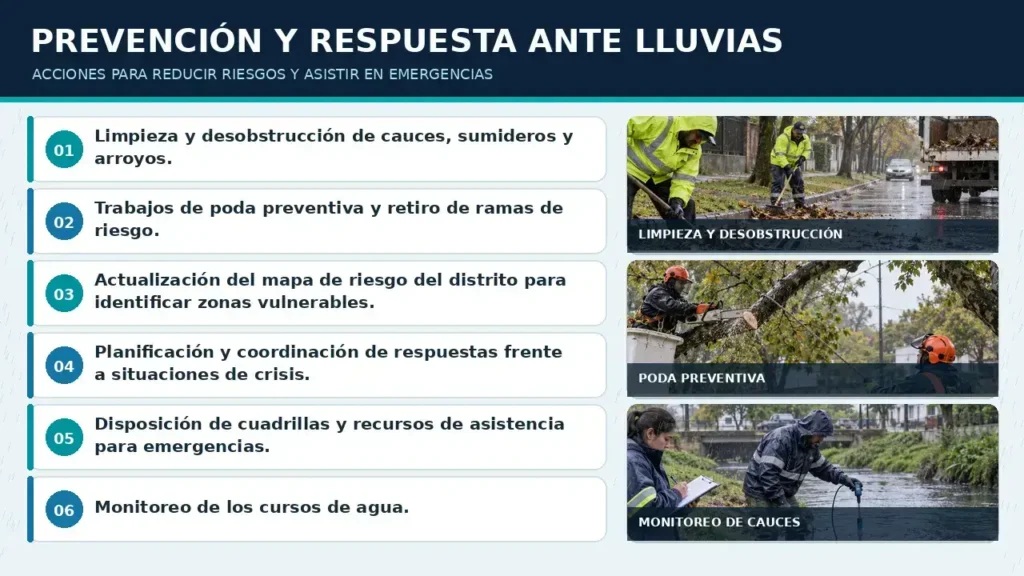 El Municipio de Hurlingham difundió un plan de prevención ante lluvias que incluye limpieza de cauces y sumideros, poda preventiva, monitoreo del agua y coordinación de recursos para emergencias.