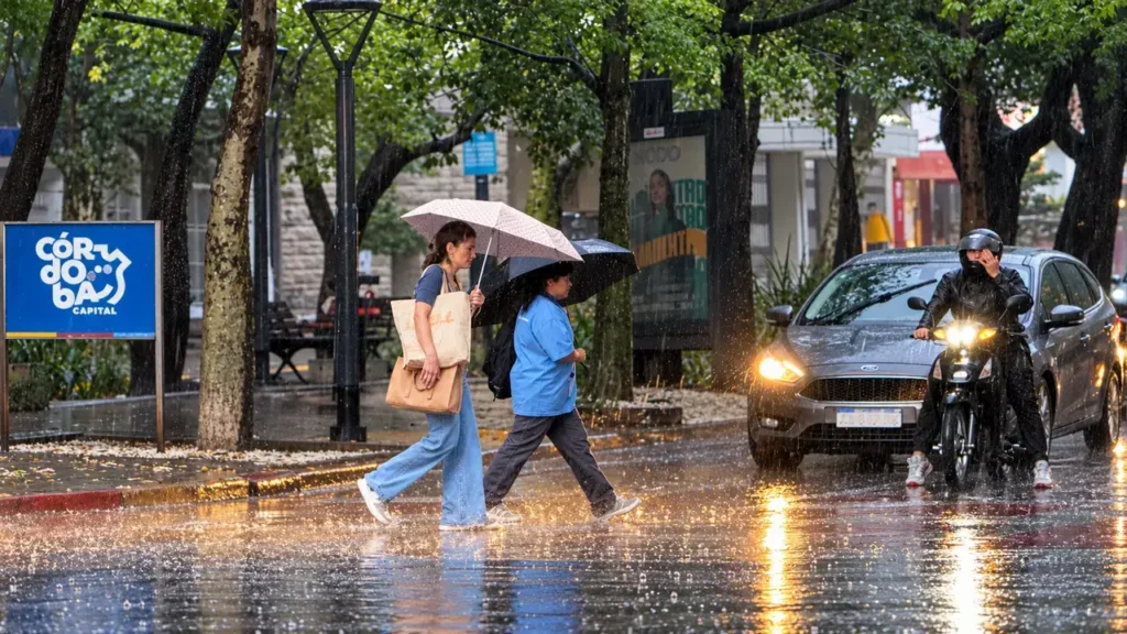 En los cruces peatonales, la lluvia puede ocultar desniveles y acumular agua junto al cordón. La escena recuerda que los anegamientos afectan también a quienes se desplazan a pie, incluso cuando el agua no llega a cubrir grandes sectores.