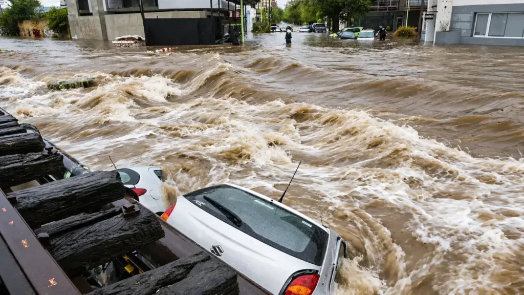 Una corriente que atraviesa una calle puede aumentar de velocidad y arrastrar objetos o vehículos. La profundidad y la fuerza del agua son difíciles de calcular a simple vista: ante una inundación, las autoridades recomiendan no intentar cruzar.