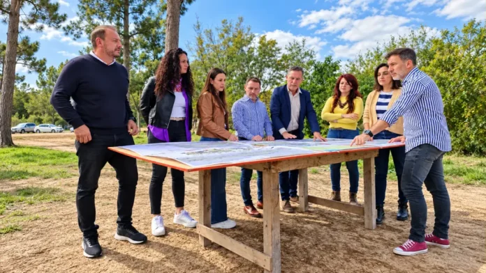Autoridades revisan el proyecto de la Reserva Natural Urbana Río Reconquista. Durante una recorrida realizada el 16 de abril de 2025, participaron el intendente de Ituzaingó, Pablo Descalzo; el presidente del COMIREC, Daniel Larrache; María José Parra, Silvina Melita, Martín Rossi y Débora Guerra. La imagen muestra al grupo alrededor de un plano del predio; la fuente no identifica a cada persona por su ubicación en la foto.