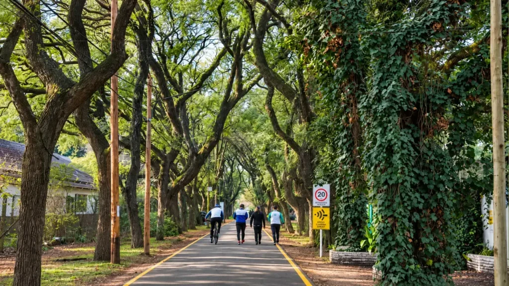 Vecinos caminan y circulan en bicicleta por el Circuito Aeróbico de Parque Leloir. La señalización visible indica un límite de 20 km/h y advierte sobre un reductor de velocidad. El circuito está en Parque Leloir, Ituzaingó.