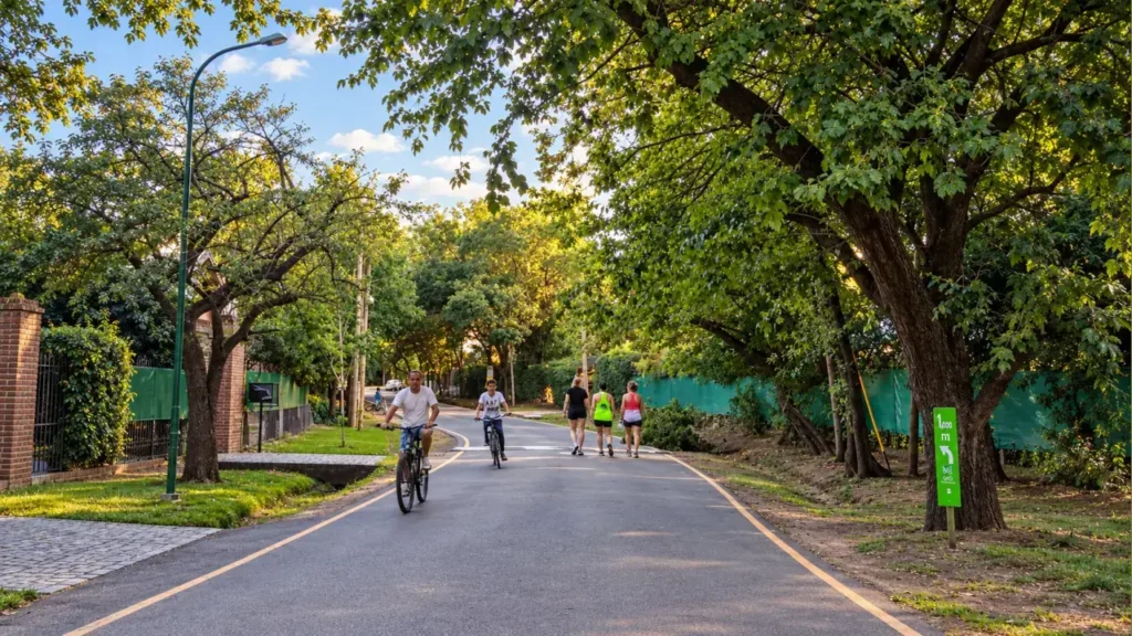 Ciclistas y peatones comparten un tramo curvo del Circuito Aeróbico de Parque Leloir. Un cartel verde marca la distancia y orienta a quienes recorren el circuito, que se utiliza para caminar, correr y andar en bicicleta.