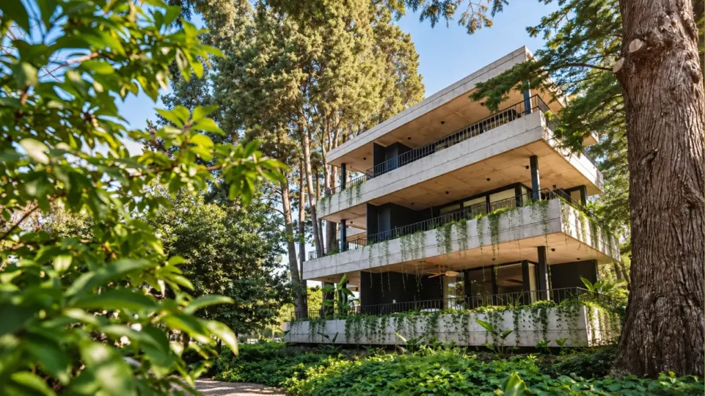 El complejo residencial Vie Vert, en Parque Leloir, presenta balcones amplios y vegetación integrada a la fachada, rodeado por árboles y jardines. El emprendimiento está ubicado en Ituzaingó.