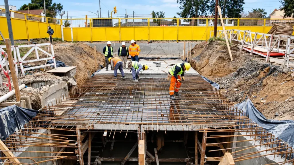 Los operarios preparan la estructura de hormigón armado que dará forma a uno de los tramos del conducto. La trama de acero colocada sobre la excavación quedará incorporada a la obra, diseñada para encauzar el agua de lluvia y ampliar la capacidad de drenaje de la cuenca.