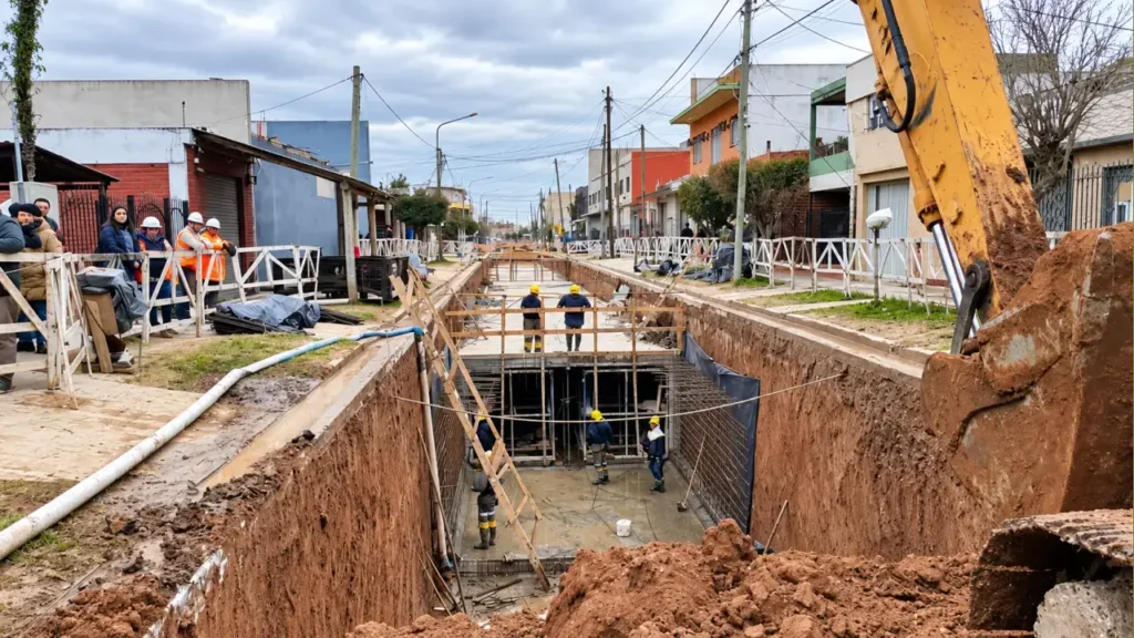 Una excavadora trabaja junto a las viviendas mientras las cuadrillas avanzan en el conducto subterráneo. La intervención transforma temporalmente la calle en un frente de obra a cielo abierto, con vallado y personal dentro de la excavación, en un área donde el sistema pluvial busca dar respuesta a los anegamientos.