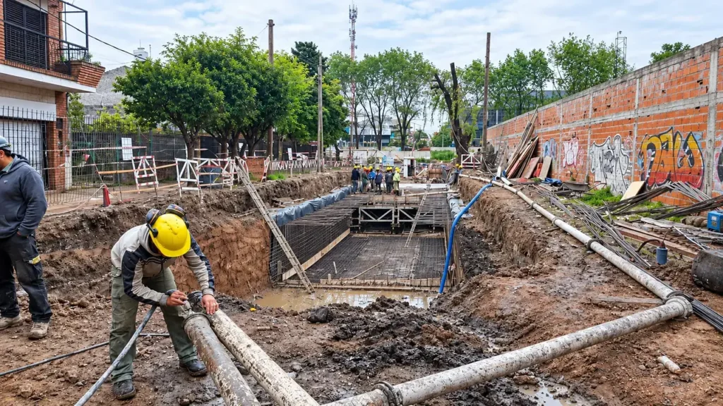 La construcción continúa con el terreno removido y agua acumulada en primer plano. Un trabajador opera cañerías y mangueras junto a la excavación, mientras al fondo se arma la estructura del conducto; el manejo del agua durante los trabajos es parte central de una obra destinada a mejorar el drenaje del Arroyo Dupuy.