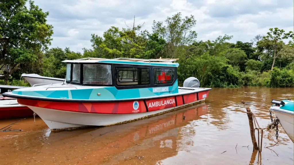Una lancha vigía recorre las aguas de corrientes a punto de desbordar.