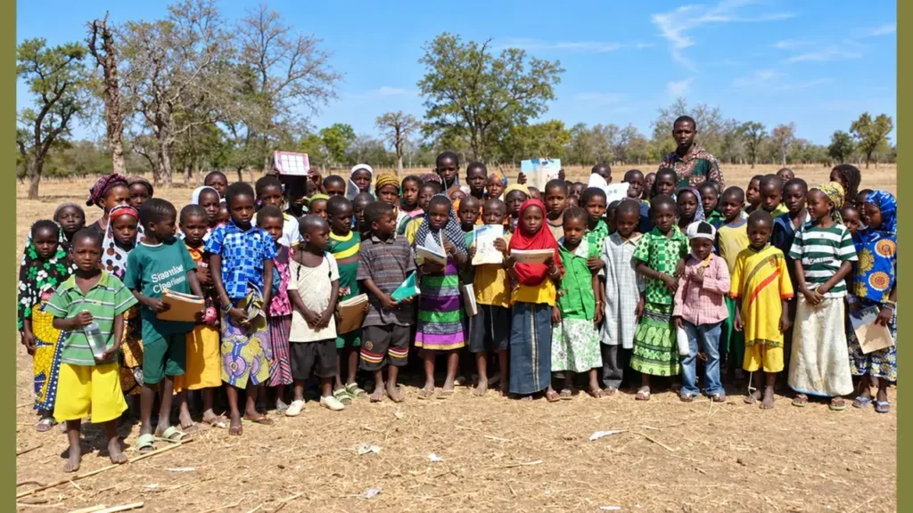 Niños y adultos comparten una escena comunitaria que pone en primer plano los vínculos entre generaciones en Burkina Faso.